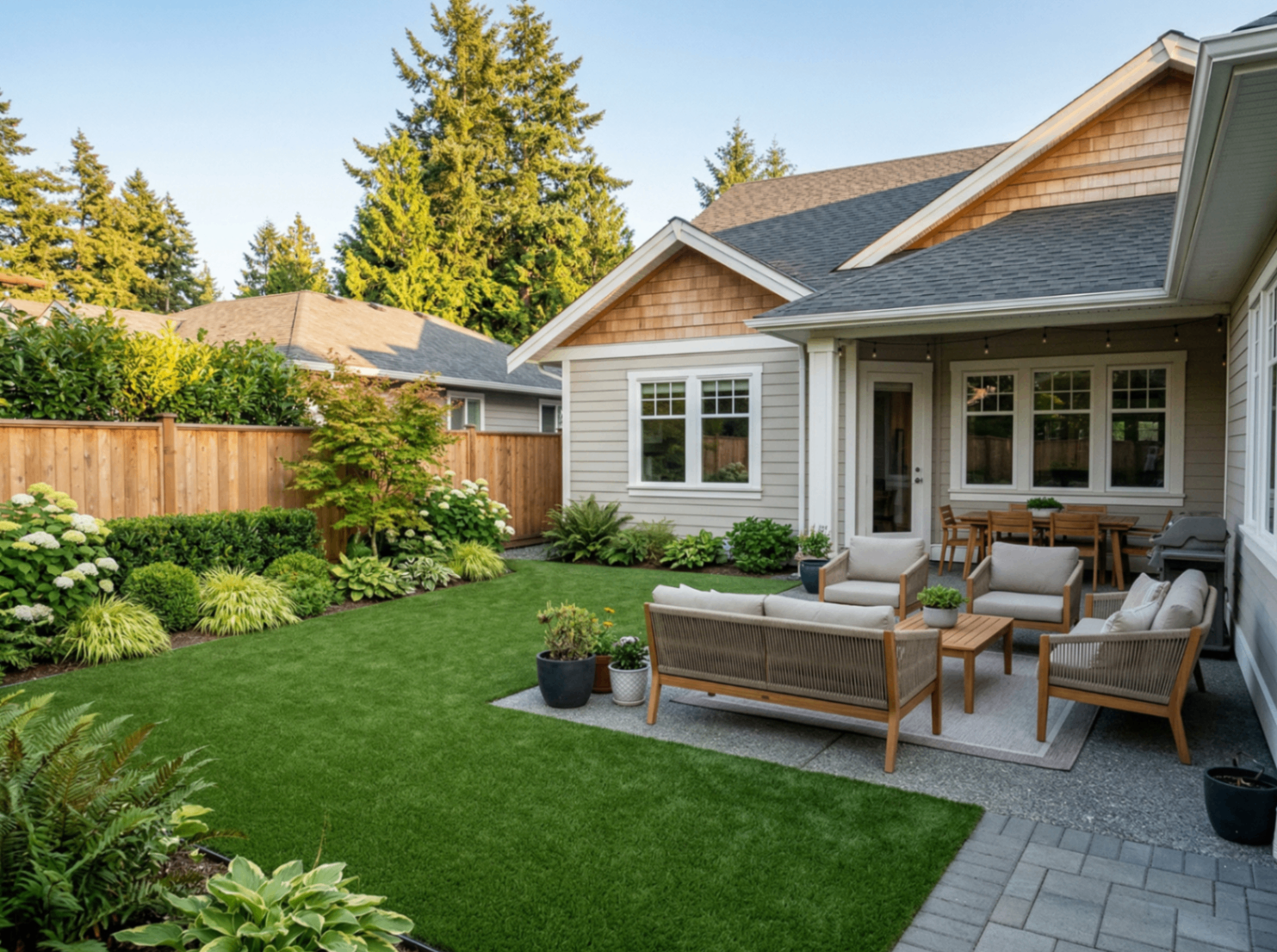 Backyard with artificial turf, patio furniture and cedar fence