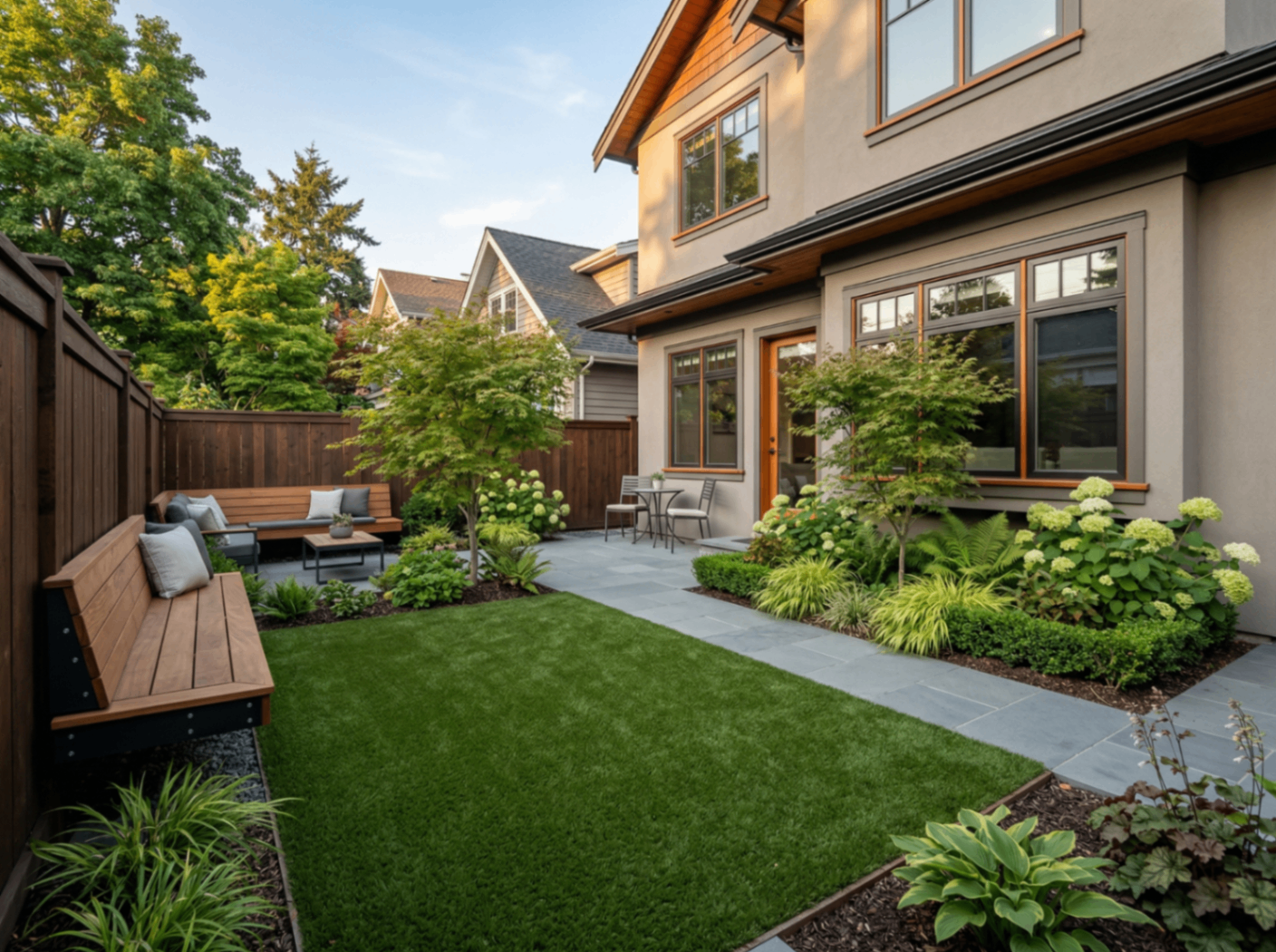 Finished artificial turf lawn beside a craftsman home with patio and Japanese maples
