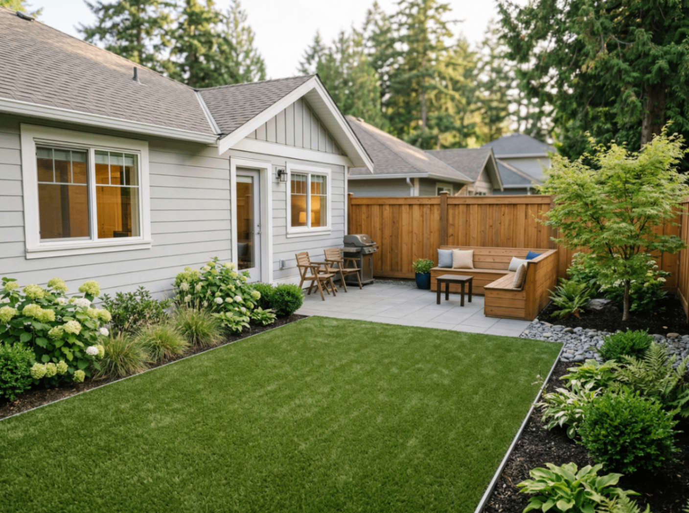 Tidy artificial turf yard with cedar privacy fence