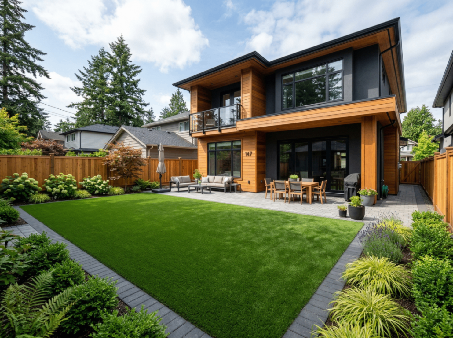 Large rectangular artificial turf area behind a modern two-storey home