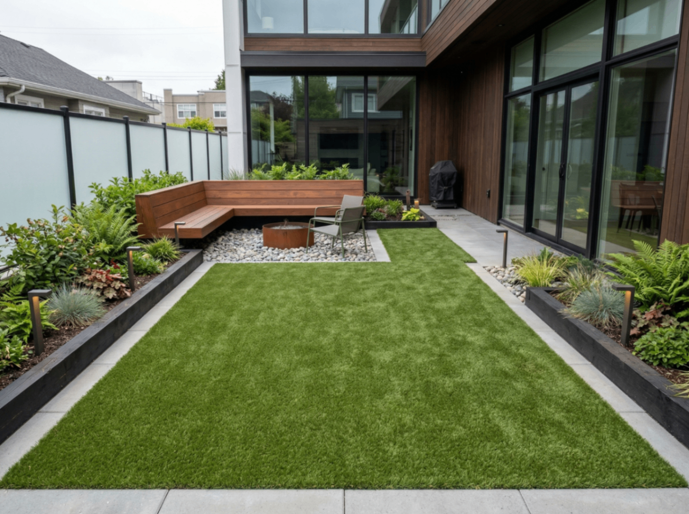 Courtyard patio with artificial turf and glass privacy fence