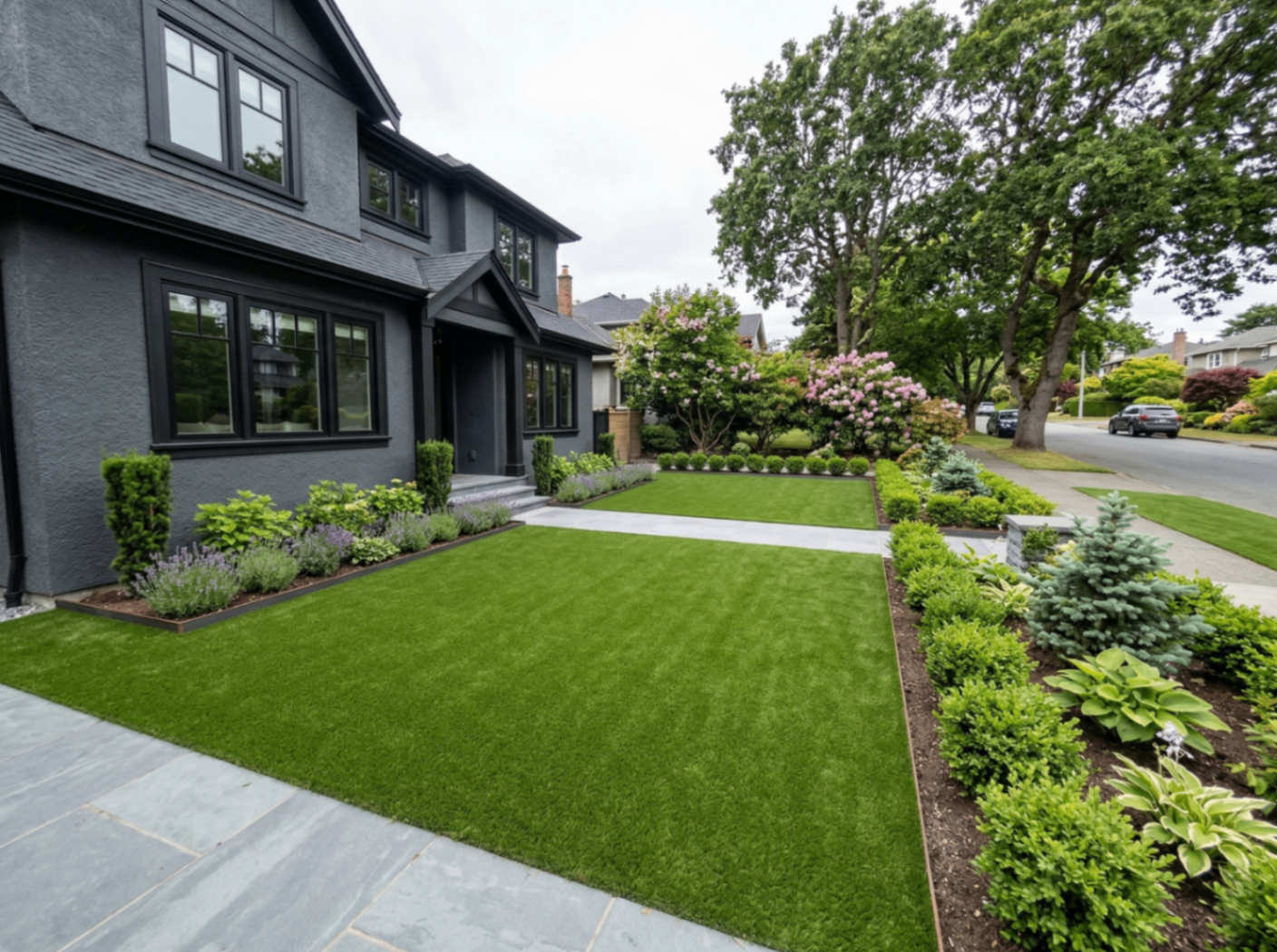 Fresh artificial turf lawn with manicured hedges