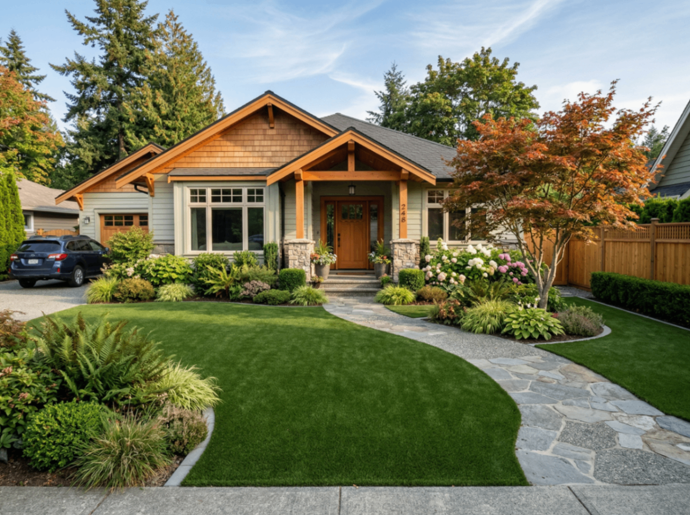 Curved artificial turf front lawn with flagstone path